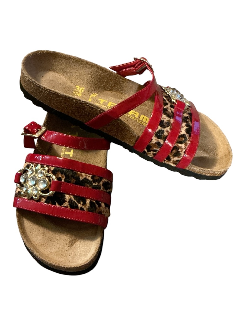 Red Leopard-Print Strappy Slide Sandals with Jewel Accent